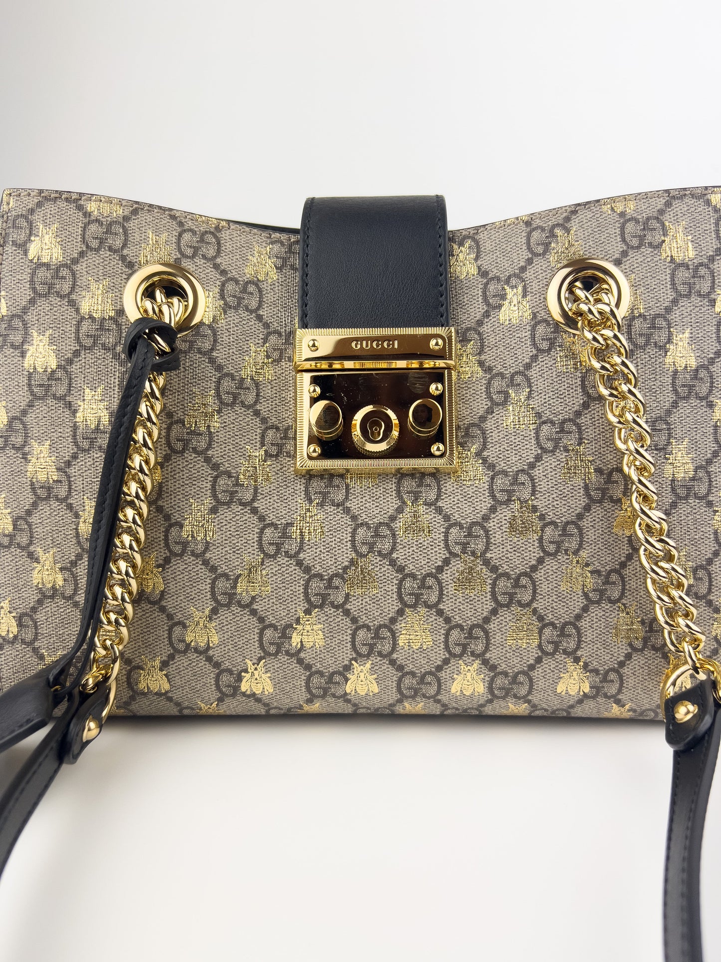 Gucci GG Supreme Monogram Bees Small Padlock Tote Beige Oro Black