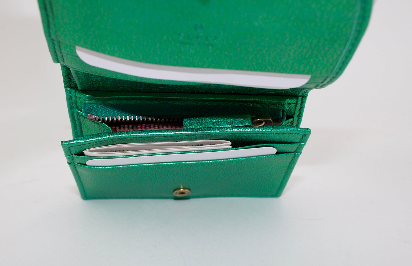 GUCCI GREEN LAMINATED LEATHER CARD CASE WALLET