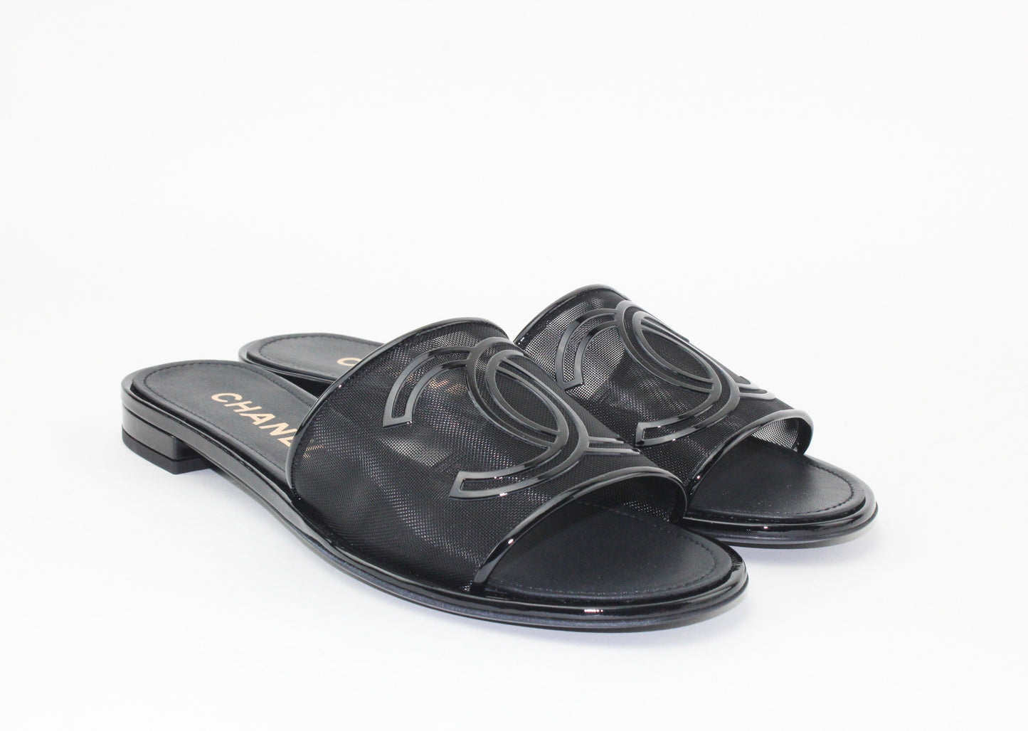 Chanel Mesh & Patent Black Mules