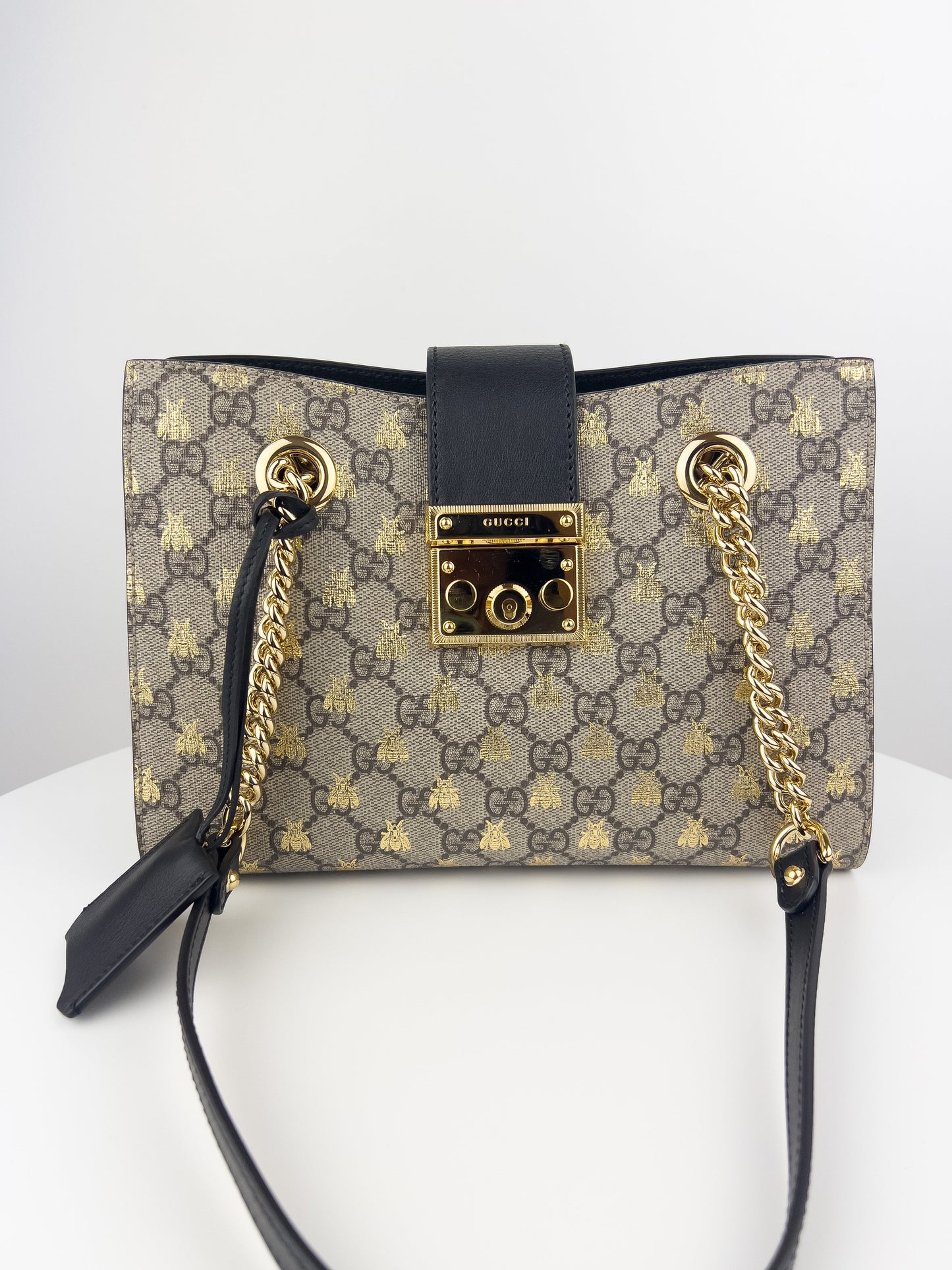 Gucci GG Supreme Monogram Bees Small Padlock Tote Beige Oro Black