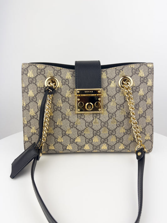 Gucci GG Supreme Monogram Bees Small Padlock Tote Beige Oro Black
