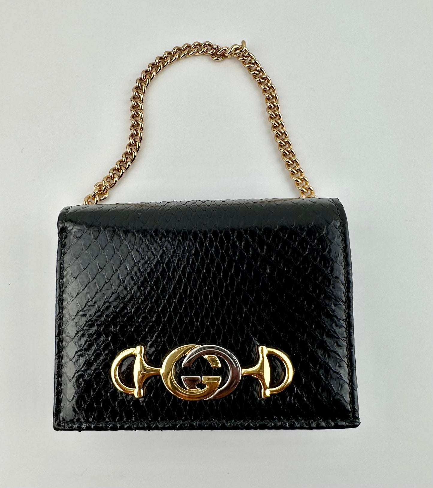 Gucci Zumi Black Snakeskin Gold Chain Bi-fold Mini Wallet
