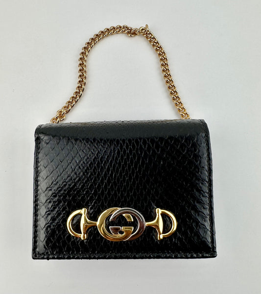 Gucci Zumi Black Snakeskin Gold Chain Bi-fold Mini Wallet
