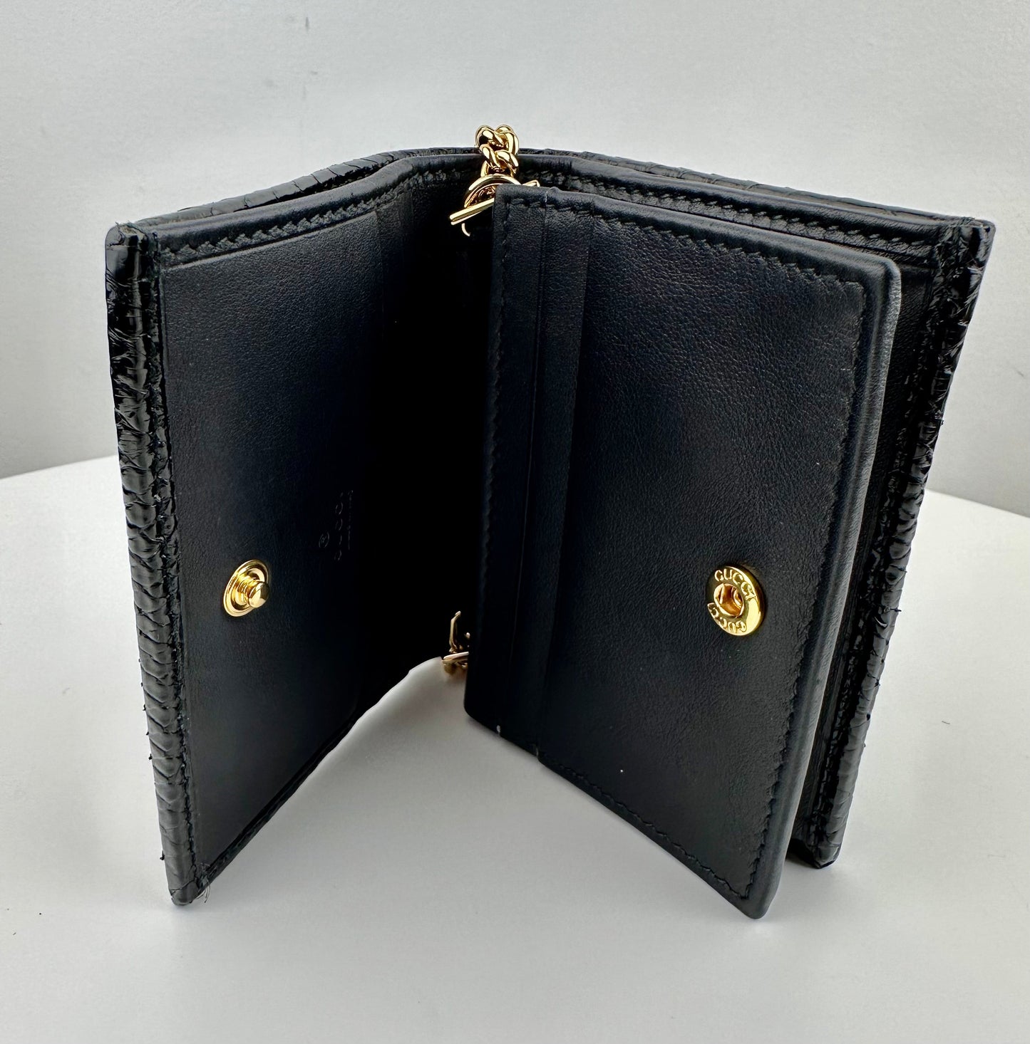 Gucci Zumi Black Snakeskin Gold Chain Bi-fold Mini Wallet