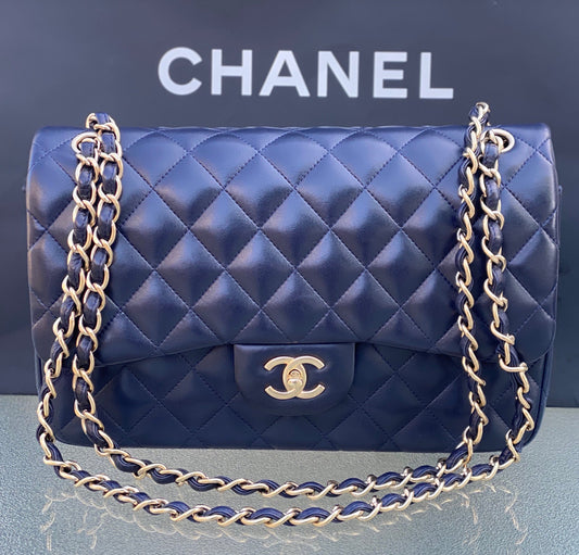 CHANEL LAMBSKIN QUILTED JUMBO DOUBLE FLAP BAG