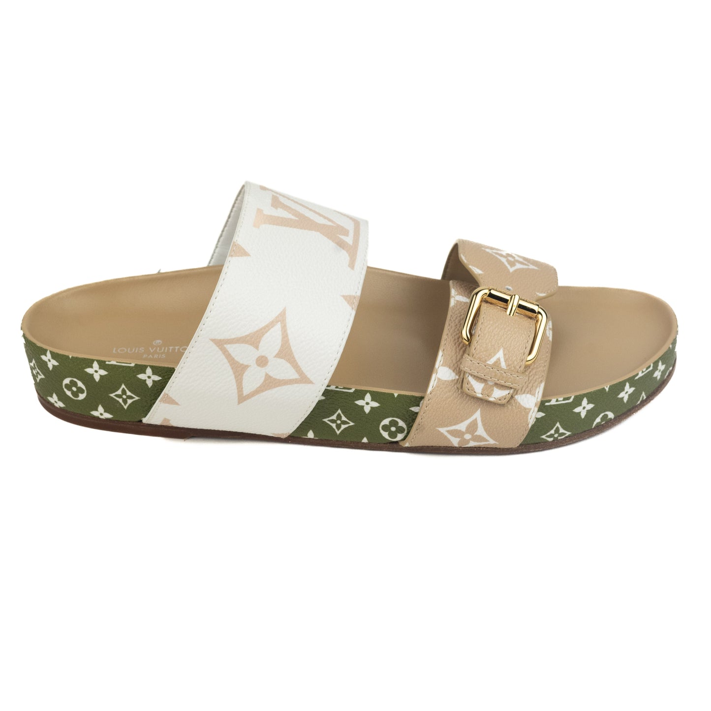 Louis Vuitton Bom Dia Flat Mule in Green Tan and White