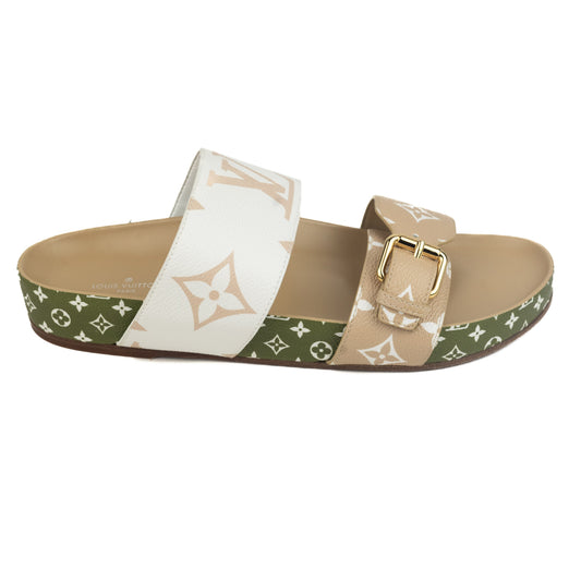 Louis Vuitton Bom Dia Flat Mule in Green Tan and White