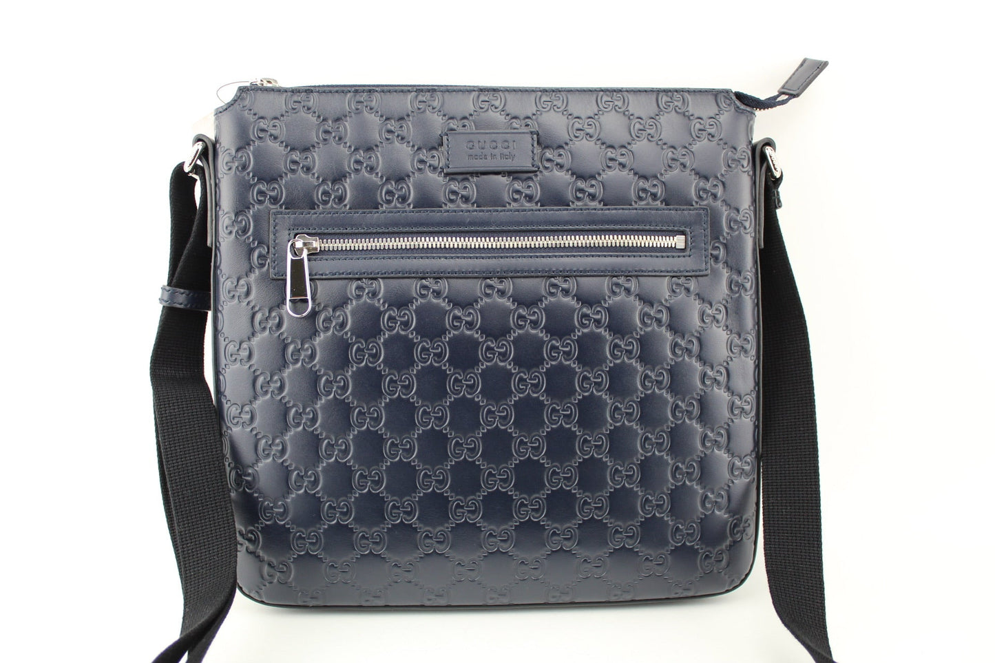 GUCCI SIGNATURE LEATHER MESSENGER NAVY