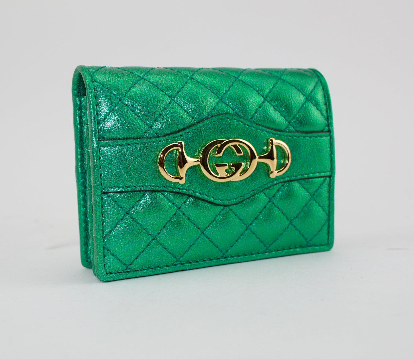 GUCCI GREEN LAMINATED LEATHER CARD CASE WALLET