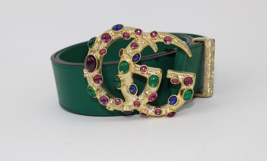 GUCCI LEATHER BELT WITH CRYSTAL DOUBLE G BUCKLE