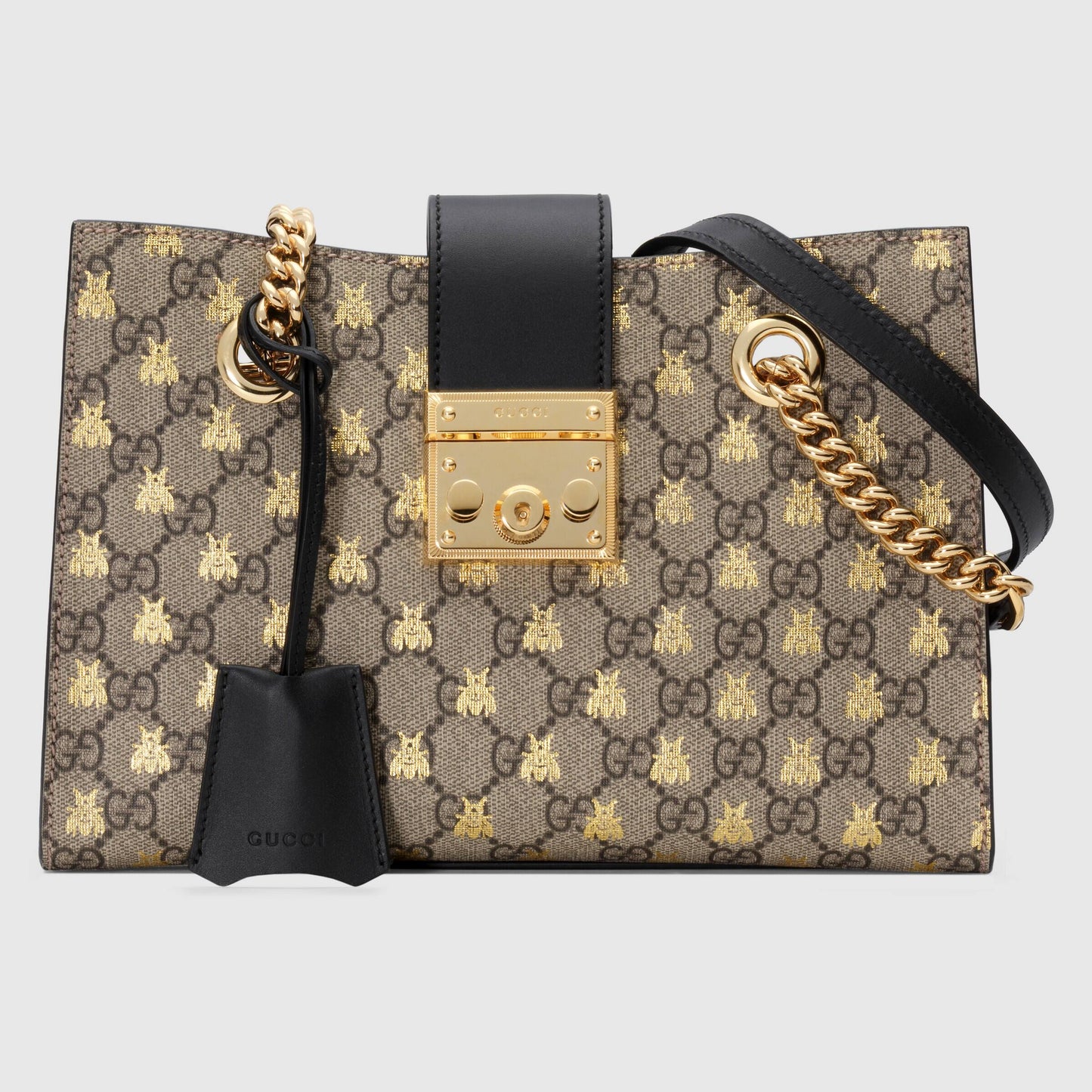 Gucci GG Supreme Monogram Bees Small Padlock Tote Beige Oro Black