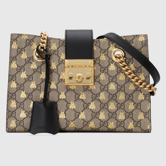 Gucci GG Supreme Monogram Bees Small Padlock Tote Beige Oro Black