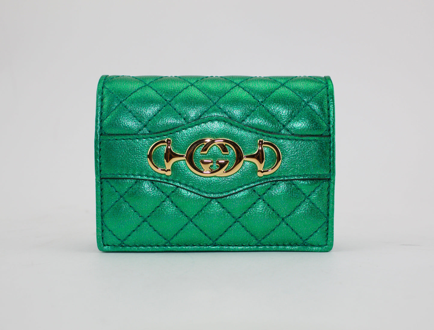 GUCCI GREEN LAMINATED LEATHER CARD CASE WALLET