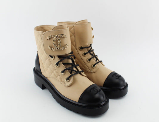 Chanel Women Lace Up Boots Beige and Black