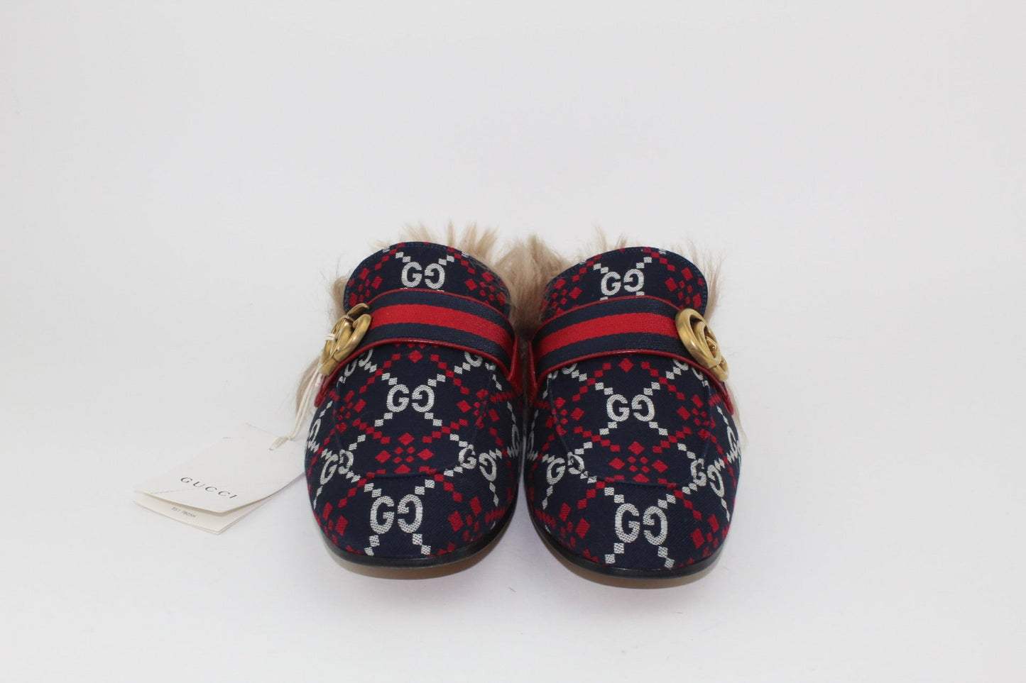 GUCCI NAVY & RED GG DIAMOND PRINCETOWN LOAFERS