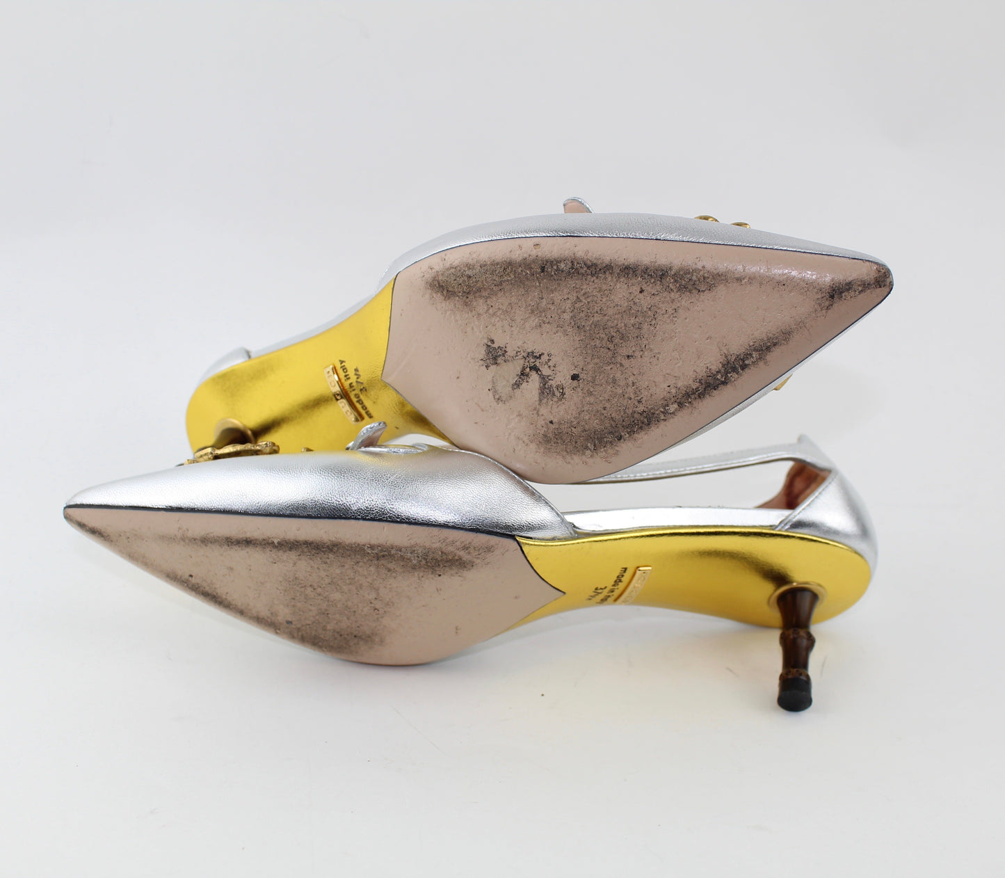 GUCCI METALLIC LEATHER PUMP WITH CRYSTAL DOUBLE G