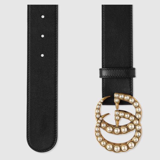 GUCCI LEATHER BELT WITH PEARL DOUBLE G BUCKLE