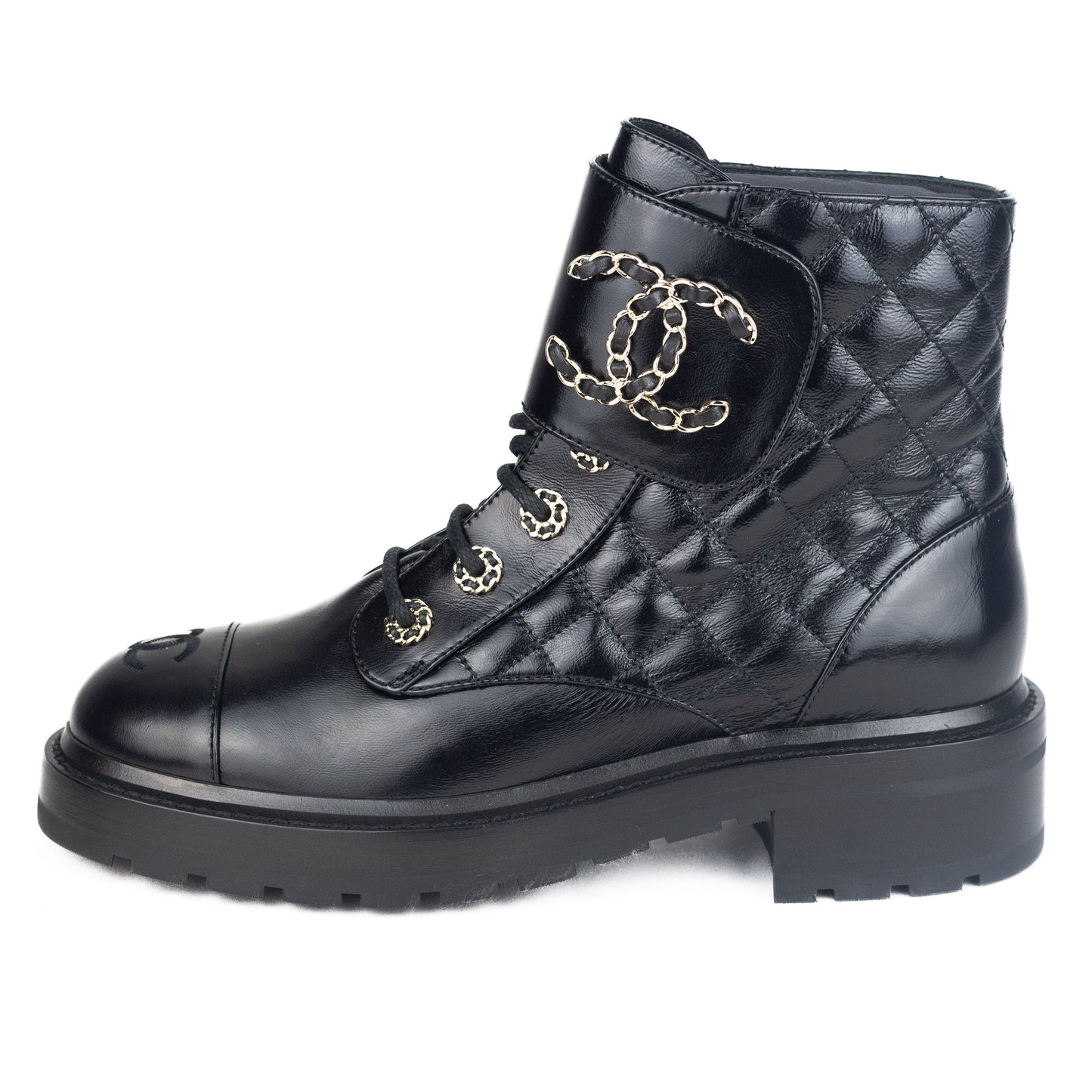 Chanel Lace up Boots in Shiny Calfskin Black