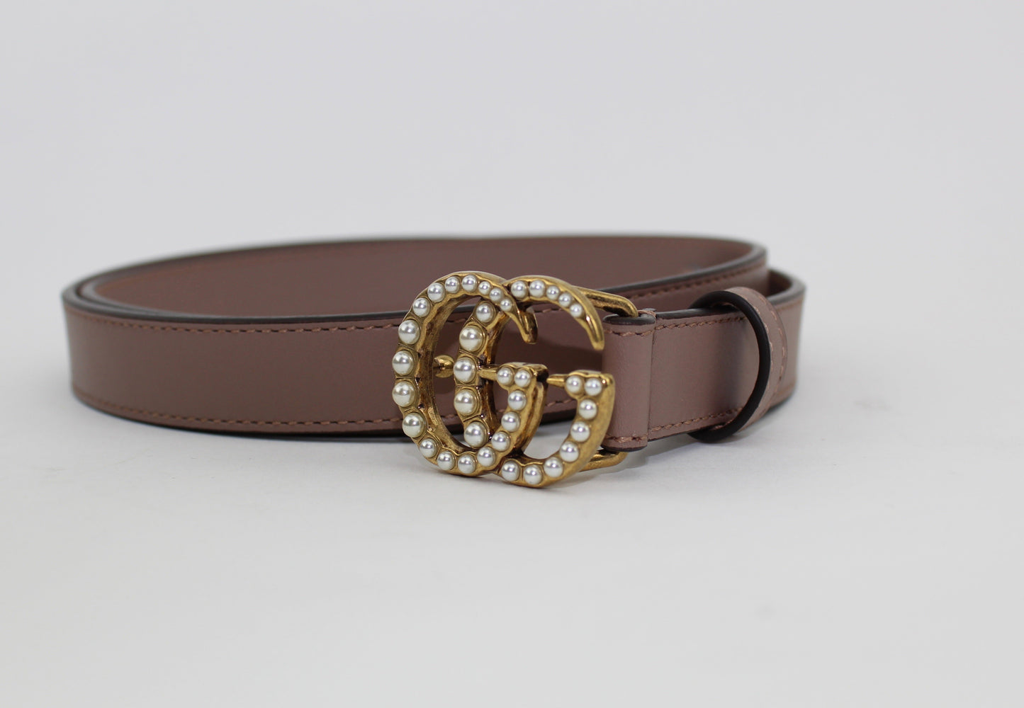 GUCCI LEATHER BELT WITH PEARL DOUBLE G BUCKLE 90/36