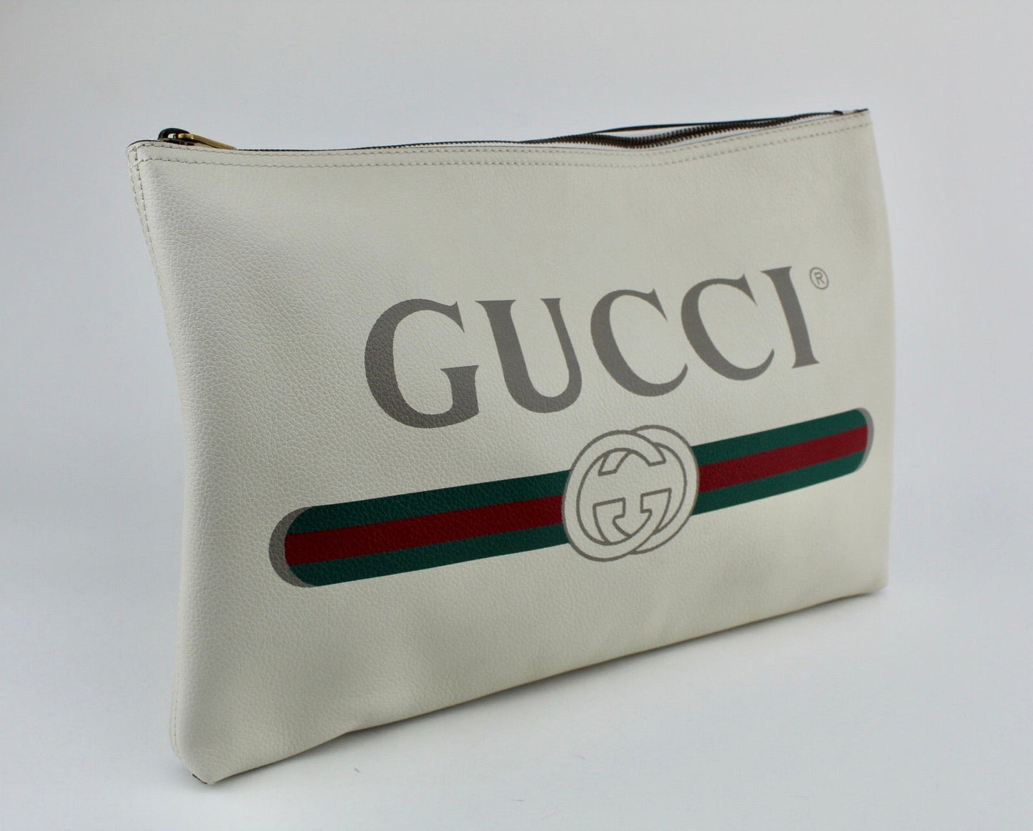 GUCCI WHITE LOGO LARGE LEATHER POUCH