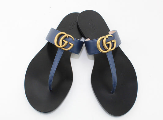 GUCCI LEATHER THONG SANDAL WITH DOUBLE G BLUE
