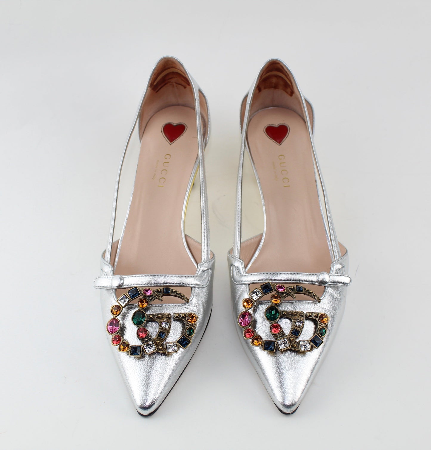 GUCCI METALLIC LEATHER PUMP WITH CRYSTAL DOUBLE G